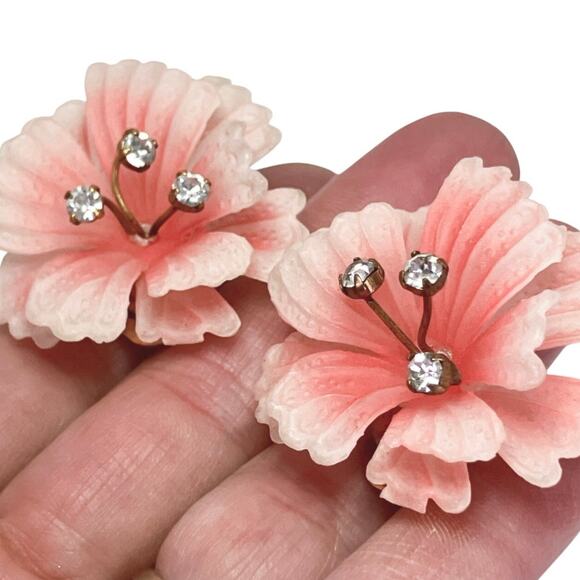 Vintage Austrian Lucite Floral Clip On Earrings 1950s Rhinestone Mid Century - Picture 6 of 11